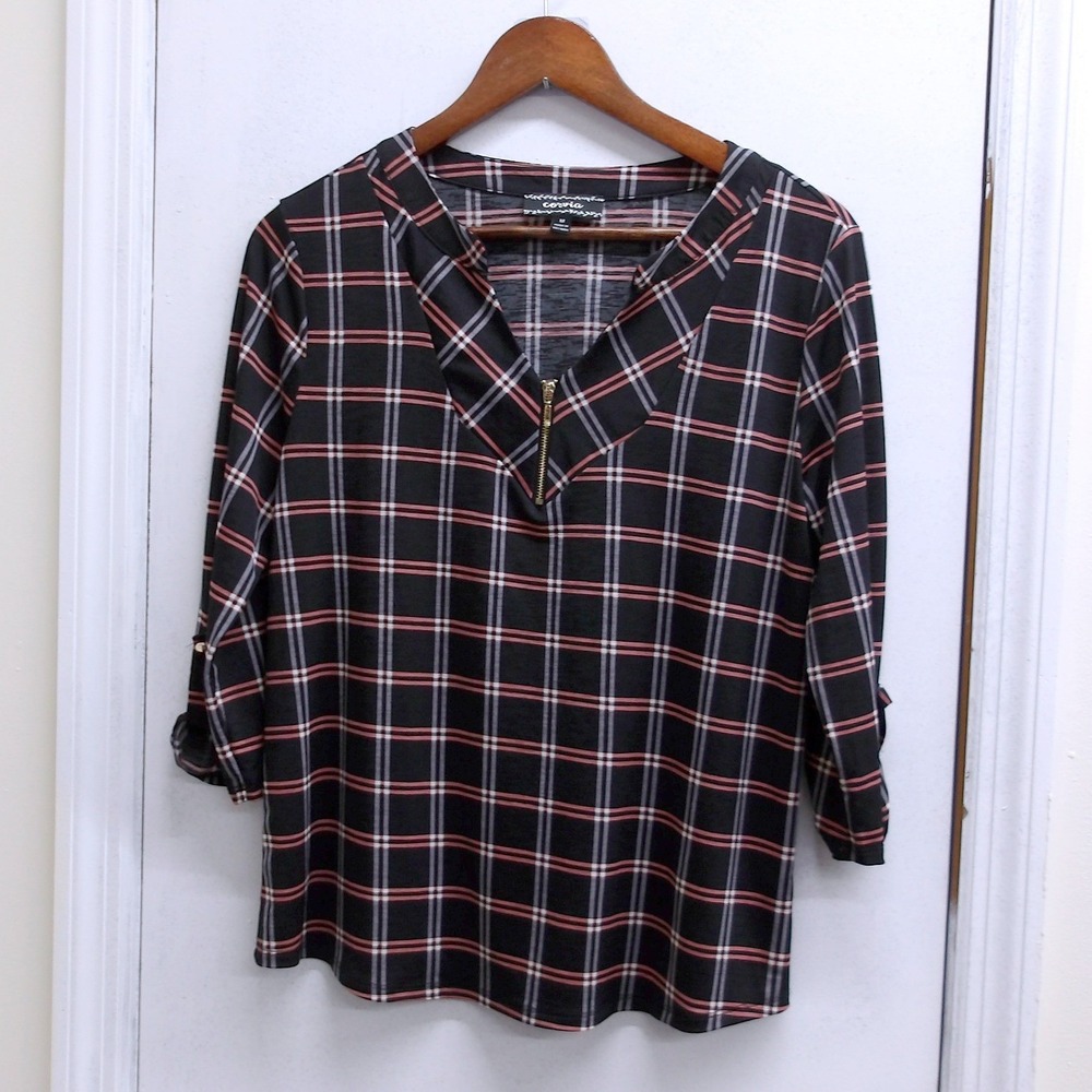 Corvia Women Plaid 3/4 Sleeve Zip Neck Casual Shirt‎ Top Size M / #1336